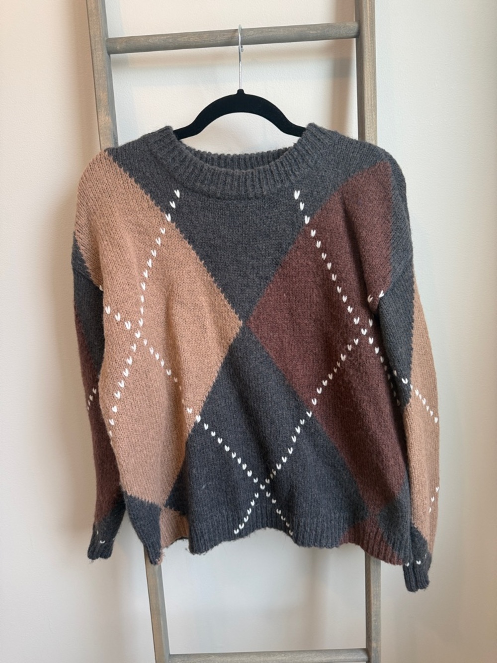 Argyle Crewneck Sweater in Gray, Brown & Tan